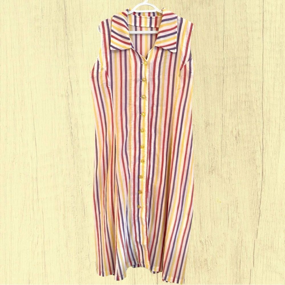 Vintage vertical striped button down midi dress sleeveless collar